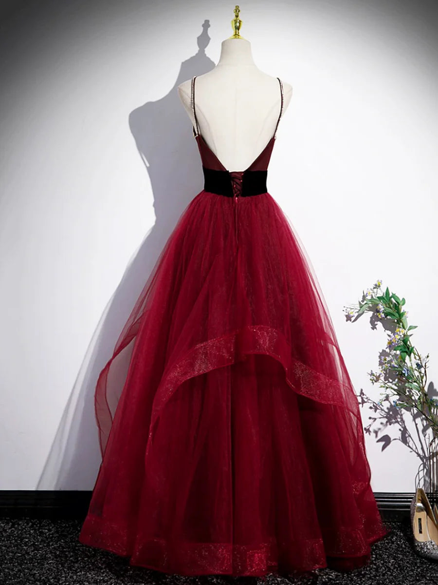 Burgundy Spaghetti Strap Tulle Long Corset Prom Dress, A-Line Evening Party Dress  TP293