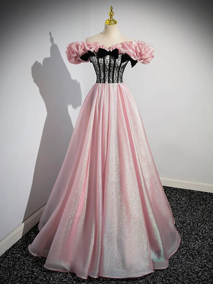 A-Line Shiny Tulle Long Pink Corset Prom Dress, Off the Shoulder Pink Evening Dress TP294