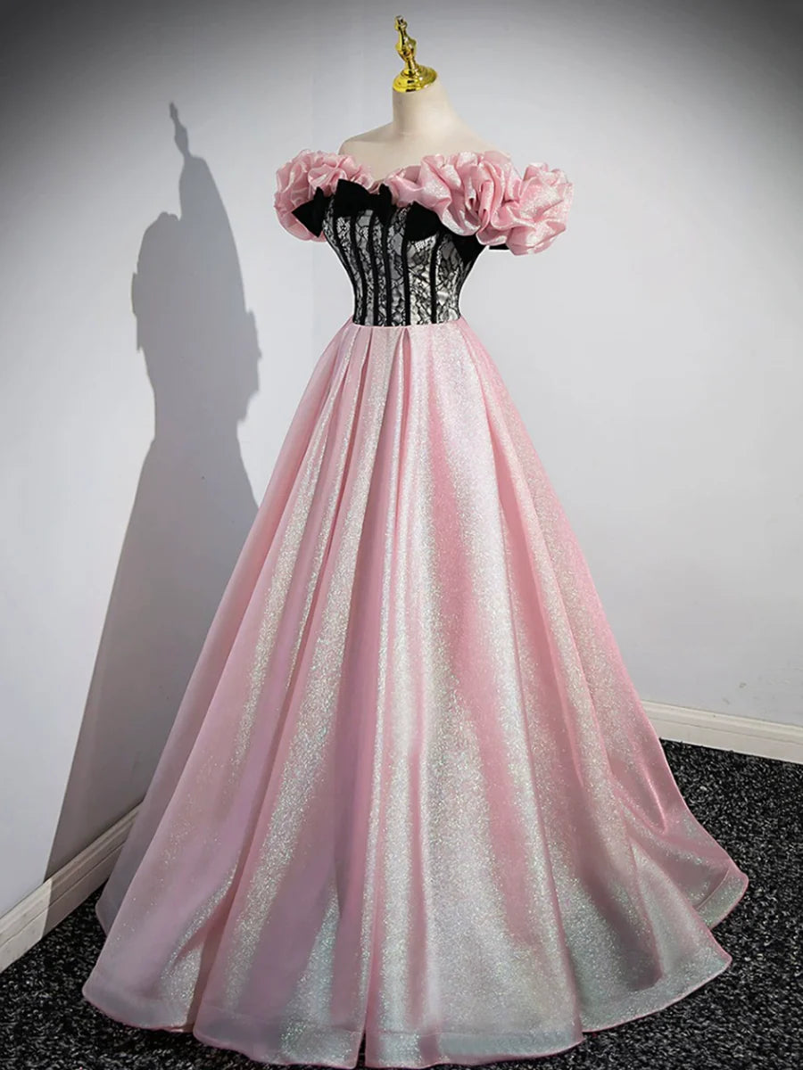 A-Line Shiny Tulle Long Pink Corset Prom Dress, Off the Shoulder Pink Evening Dress TP294