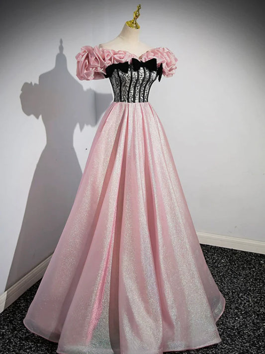 A-Line Shiny Tulle Long Pink Corset Prom Dress, Off the Shoulder Pink Evening Dress  TP294