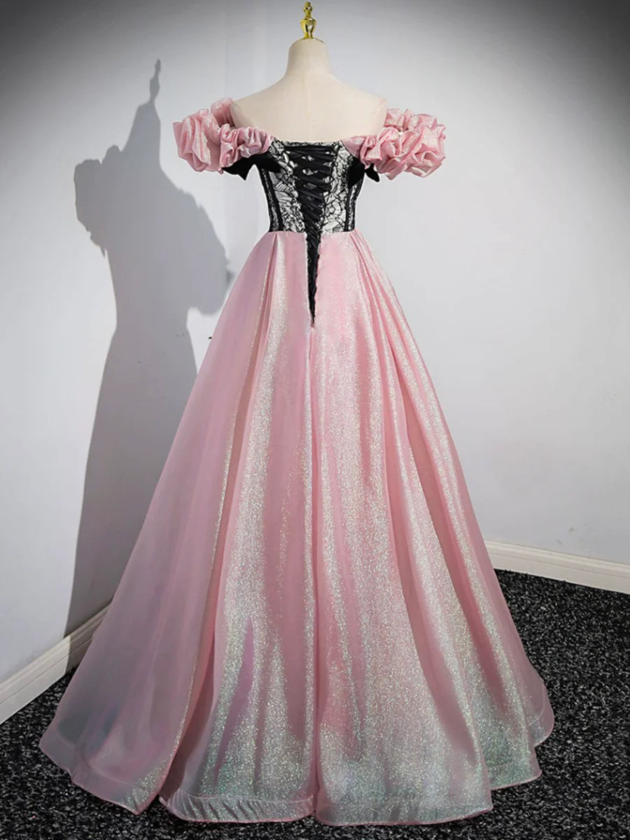 A-Line Shiny Tulle Long Pink Corset Prom Dress, Off the Shoulder Pink Evening Dress TP294