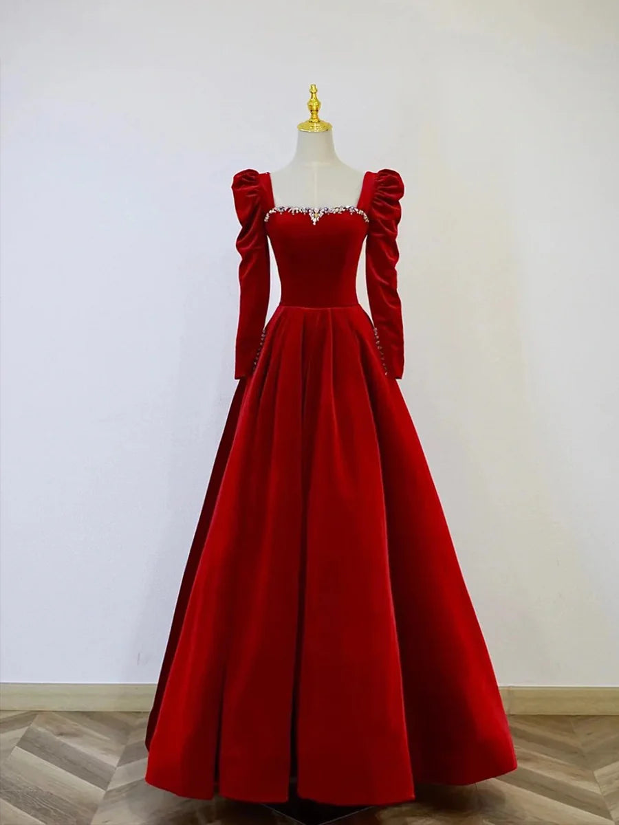 A-Line Long Sleeve Velvet Floor Length Prom Dress, Burgundy Formal Eve TreelyPromDress A-Line Long Sleeve Velvet Floor Length Prom Dress, Burgundy Formal Eve TreelyPromDress