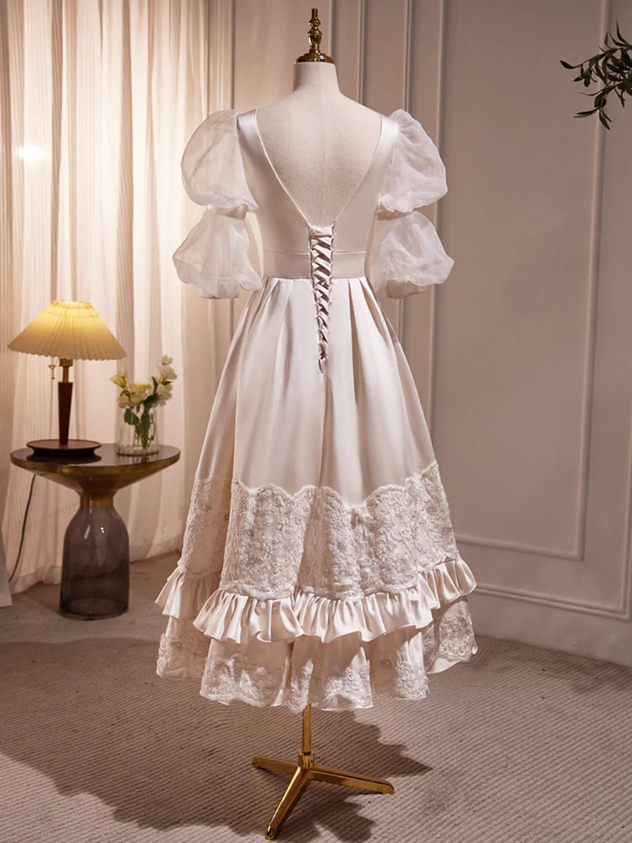 Beautiful Scoop Neck Tea Length Prom Dress, A-Line Puffy Short Sleeve Backless Party Dress TP299