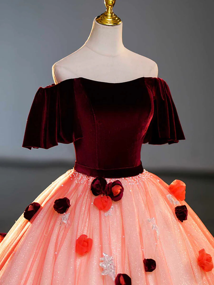 Burgundy Velvet Tulle Long Formal Dress, Off the Shoulder Sweet Flower Party Dress TP301