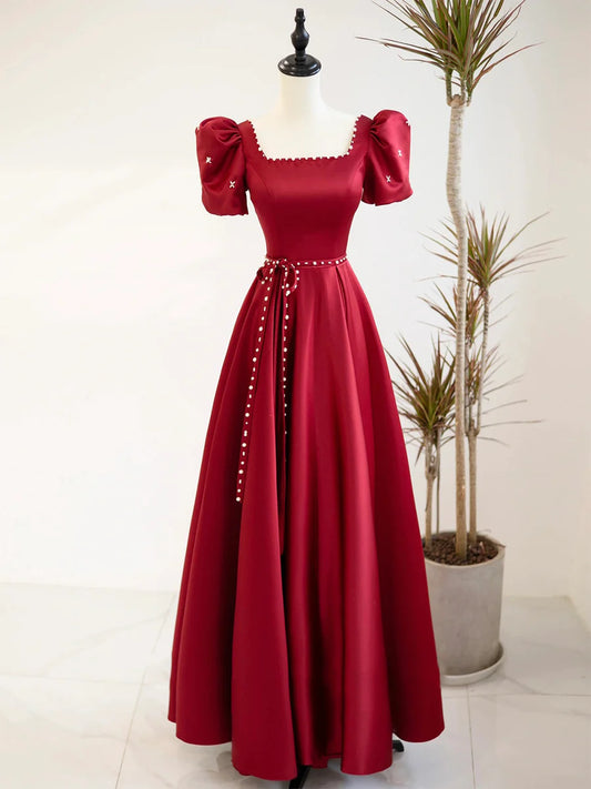 Burgundy Satin Short Sleeve Floor Length Prom Dress, Burgundy Evening Dress with Pearls  TP305