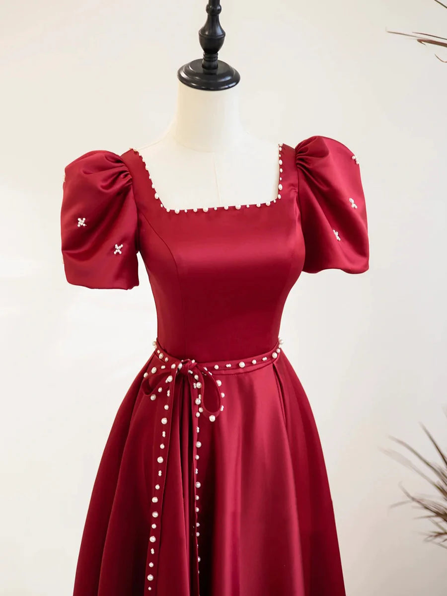 Burgundy Satin Short Sleeve Floor Length Prom Dress, Burgundy Evening Dress with Pearls TP305