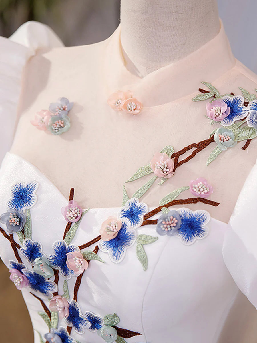 Elegant White Tulle Appliques Long Prom Dress, White High Neck A-Line Evening Dress TP309