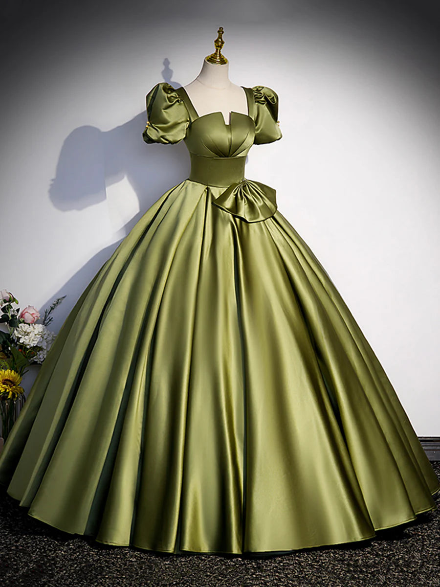 Green Satin Short Sleeve Floor Length Formal Dress, Green A-Line Prom Dress TP310