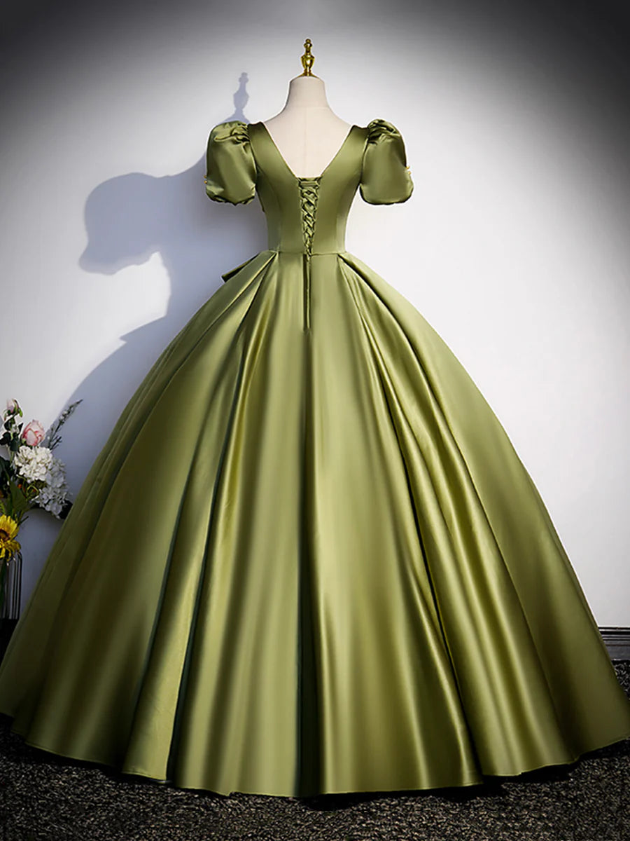 Green Satin Short Sleeve Floor Length Formal Dress, Green A-Line Prom Dress TP310