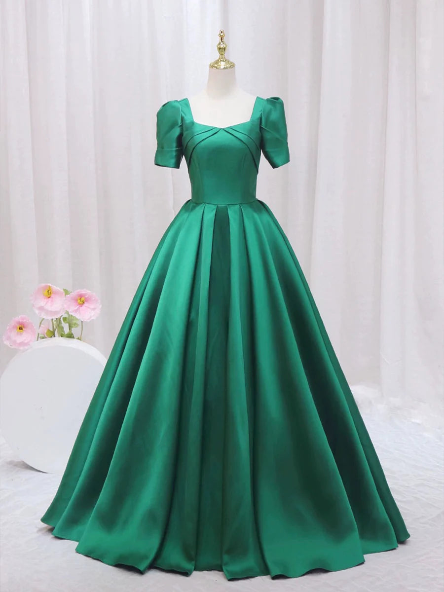 Green Satin Floor Length Prom Dress, Green Short Sleeve Evening Dress TP311