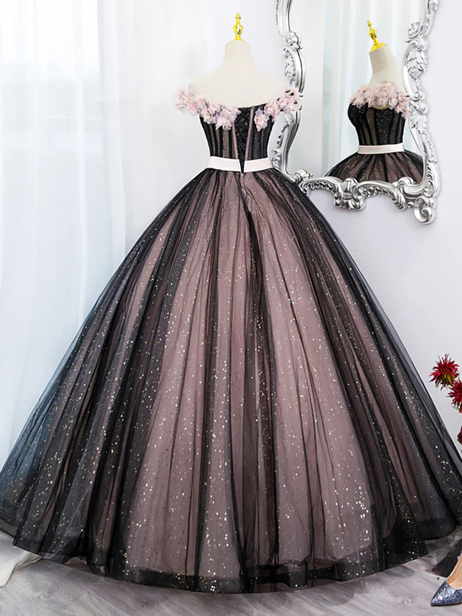 Black Tulle and Pink Flowers Party Dress, Black Off Shoulder Sweet 16 Dress TP314