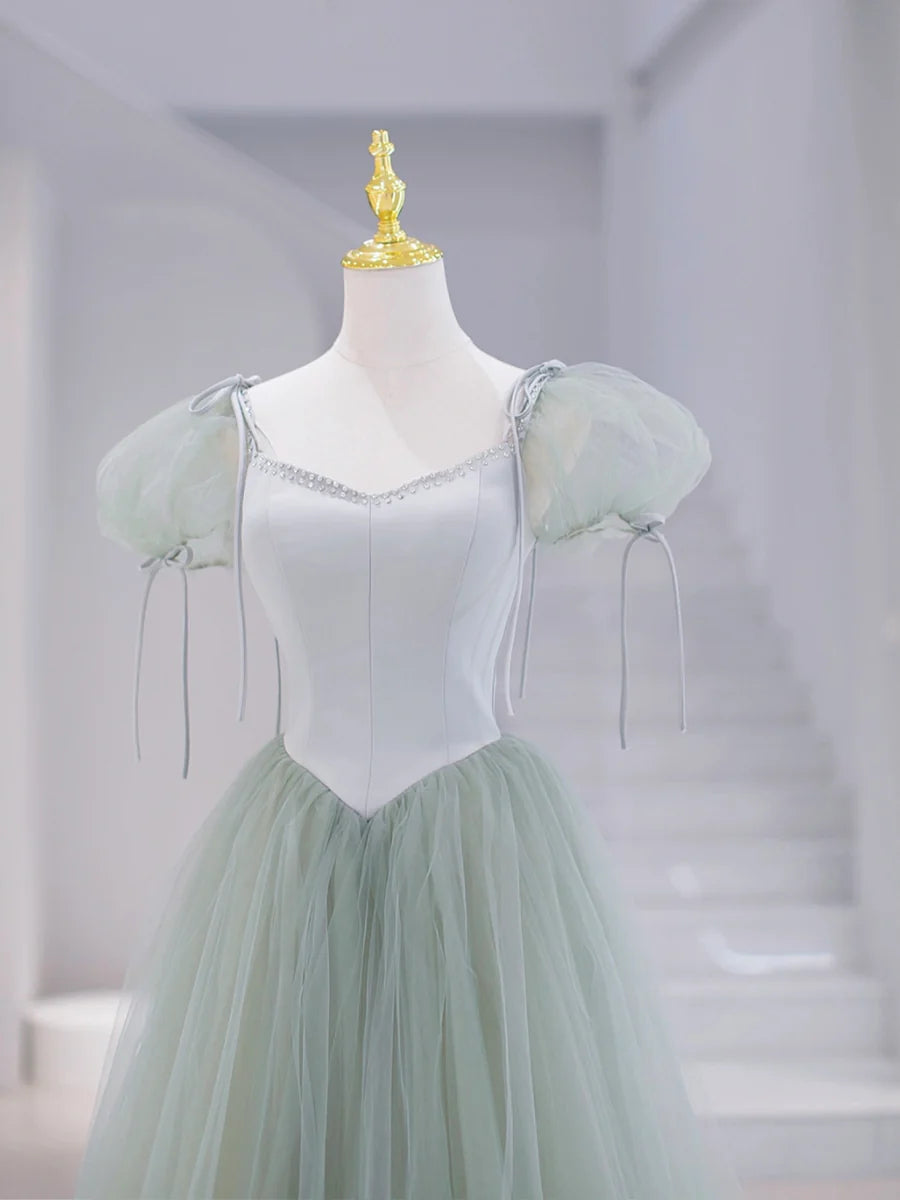 Green Tulle Floor Length Prom Dress, Green Short Sleeve Evening Party Dress TP315