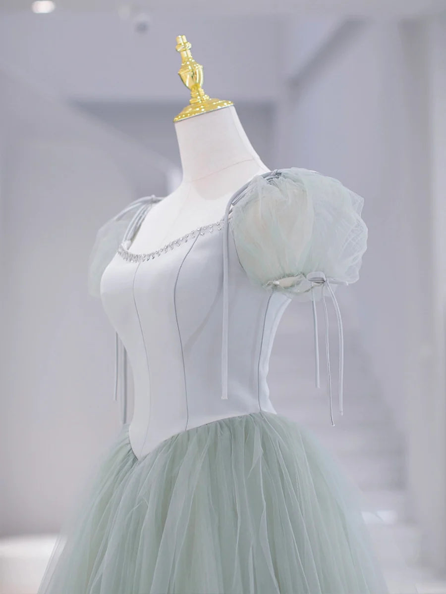 Green Tulle Floor Length Prom Dress, Green Short Sleeve Evening Party Dress TP315