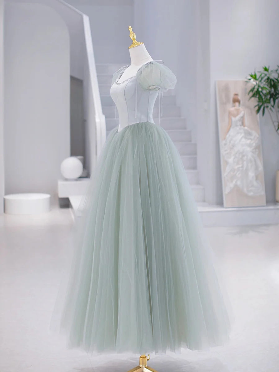Green Tulle Floor Length Prom Dress, Green Short Sleeve Evening Party Dress TP315