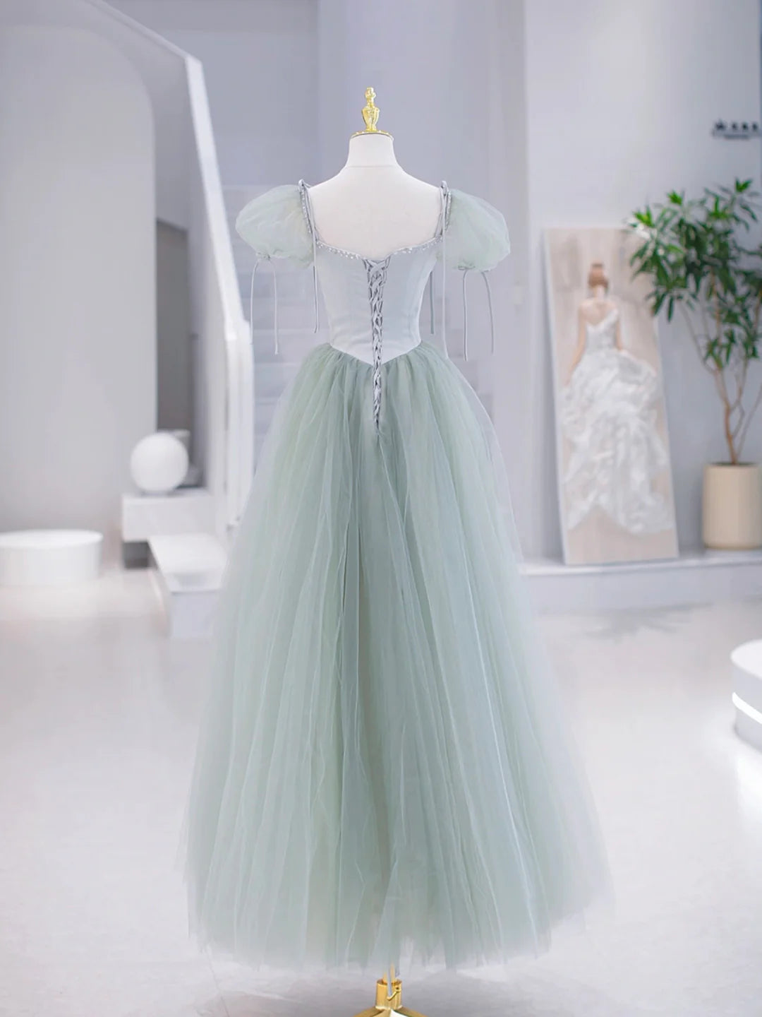 Green Tulle Floor Length Prom Dress, Green Short Sleeve Evening Party Dress TP315