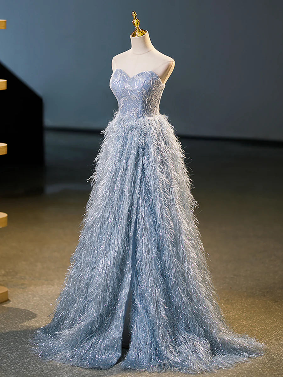 Blue A-Line Strapless Floor Length Prom Dress, Blue Evening Party Dress TP317