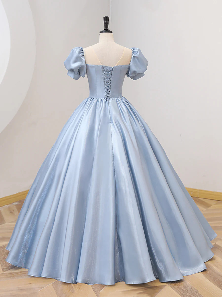 Blue Satin Floor Length Prom Dress with Bow, Blue A-Line Evening Formal Dress  TP318