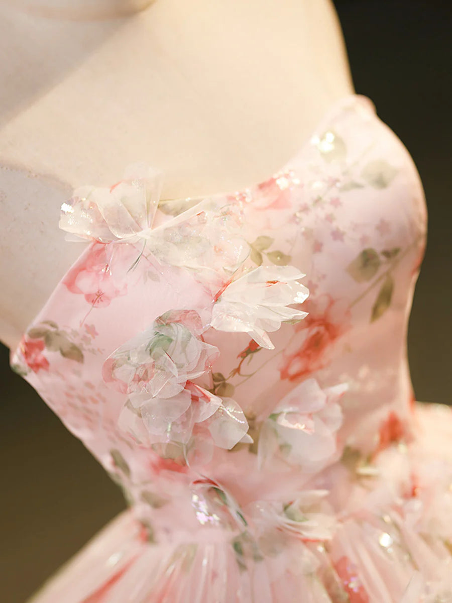 Beautiful Strapless Tulle Flower Long Prom Dress, Pink Ball Gown Formal Dress TP319