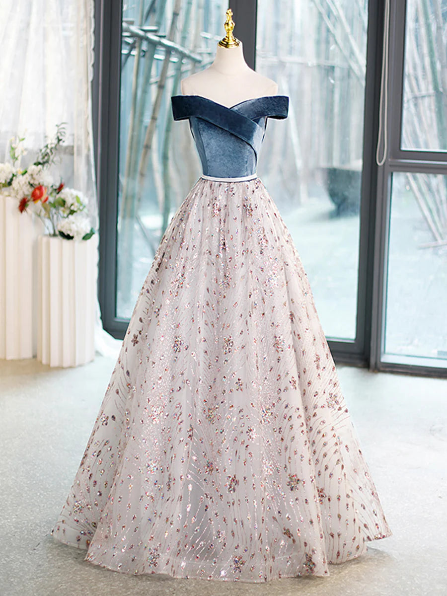 Blue Velvet and Tulle Long Prom Dress, Off Shoulder Evening Dress Party Dress TP322
