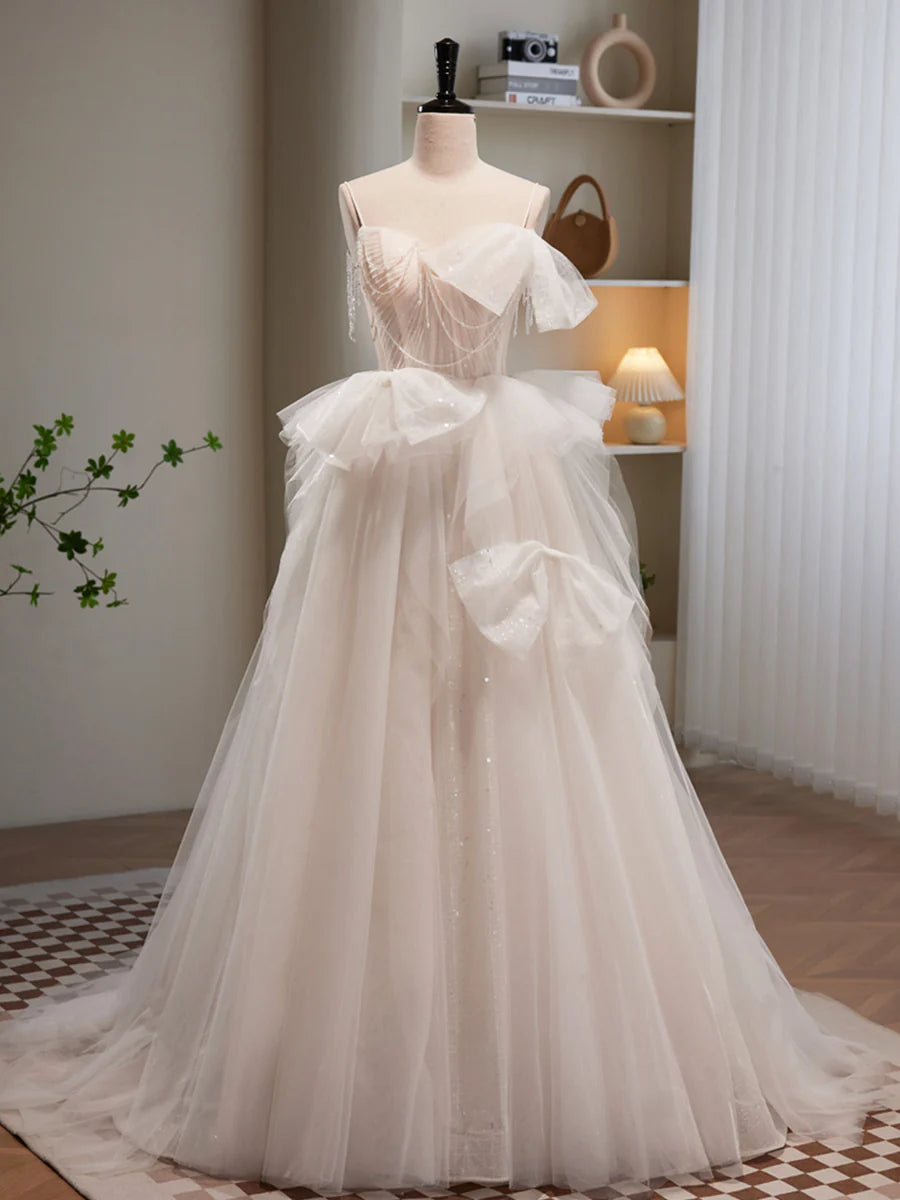 Light Champagne Tulle Long Princesse Dress, Lovely Spaghetti Straps Evening Party Dress TP324