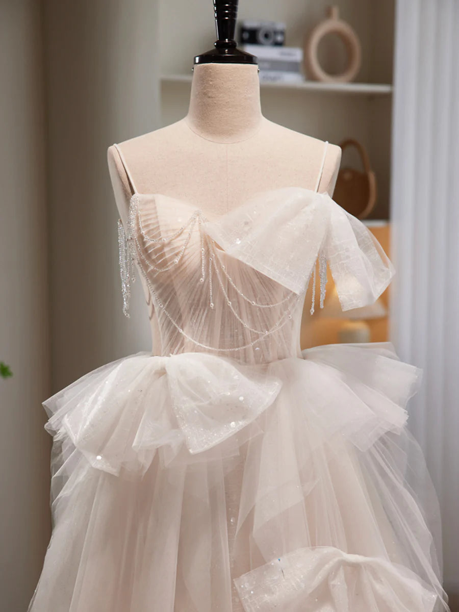 Light Champagne Tulle Long Princesse Dress, Lovely Spaghetti Straps Evening Party Dress TP324