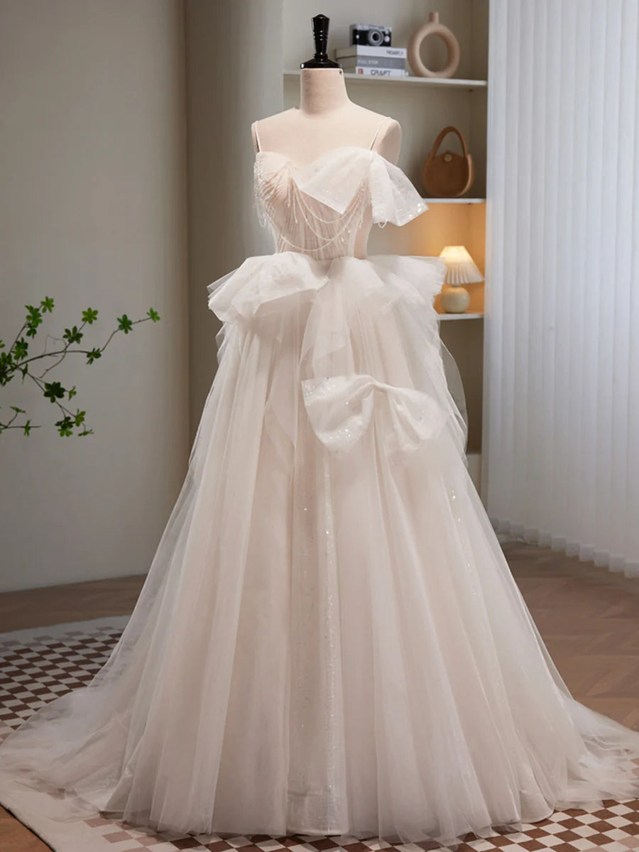 Light Champagne Tulle Long Princesse Dress, Lovely Spaghetti Straps Evening Party Dress TP324