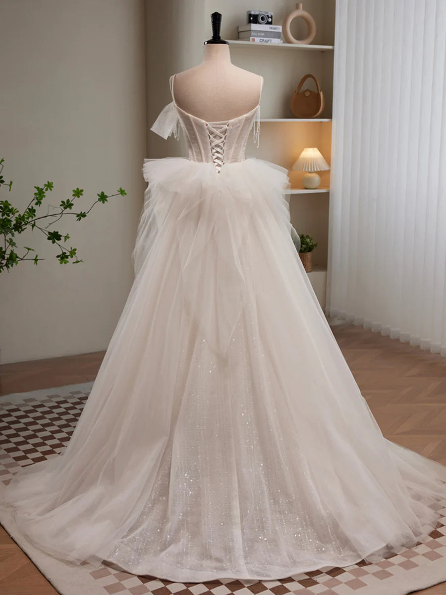Light Champagne Tulle Long Princesse Dress, Lovely Spaghetti Straps Evening Party Dress TP324