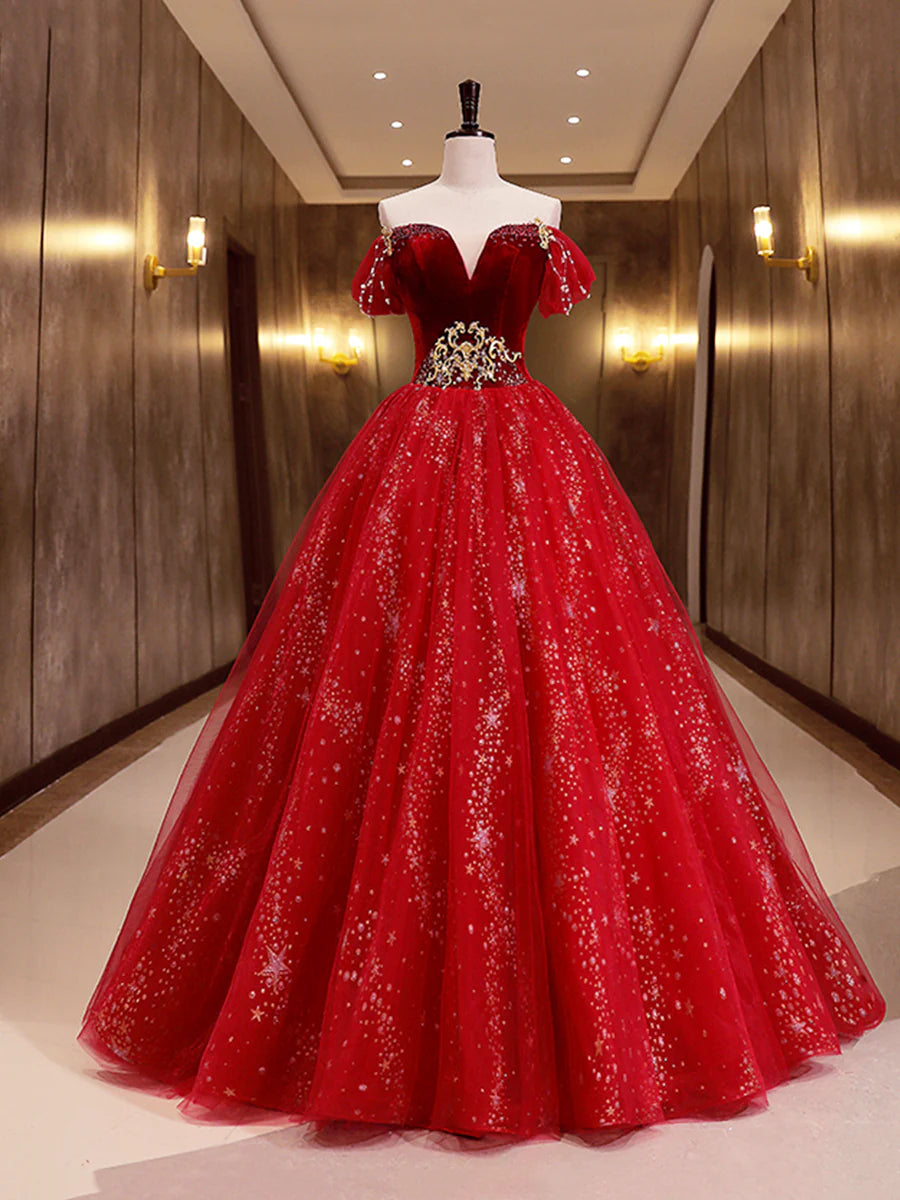 Burgundy Velvet Tulle Long Formal Dress, Burgundy Off Shoulder Prom Dress TP326