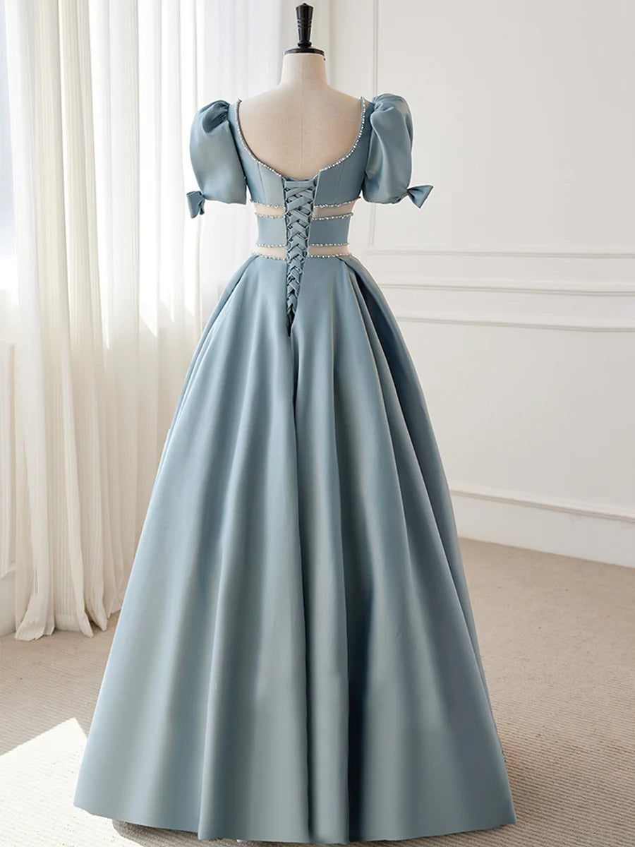 Blue Satin Beaded Long Prom Dress, Blue Short Sleeve Evening Dress  TP332