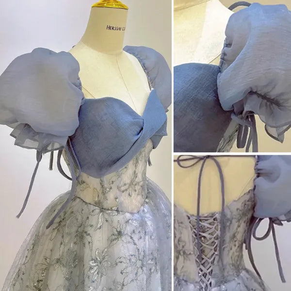 Blue Tulle Lace Long Prom Dress, Beautiful Short Sleeve Evening Dress  TP333