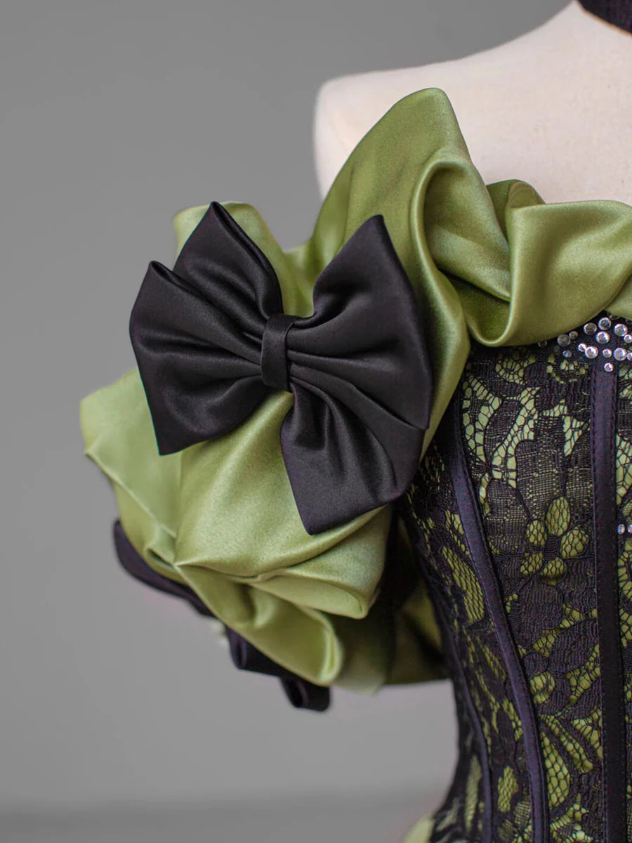 Green Satin Lace Long Prom Dress, Beautiful A-Line Evening Dress with Bow TP342