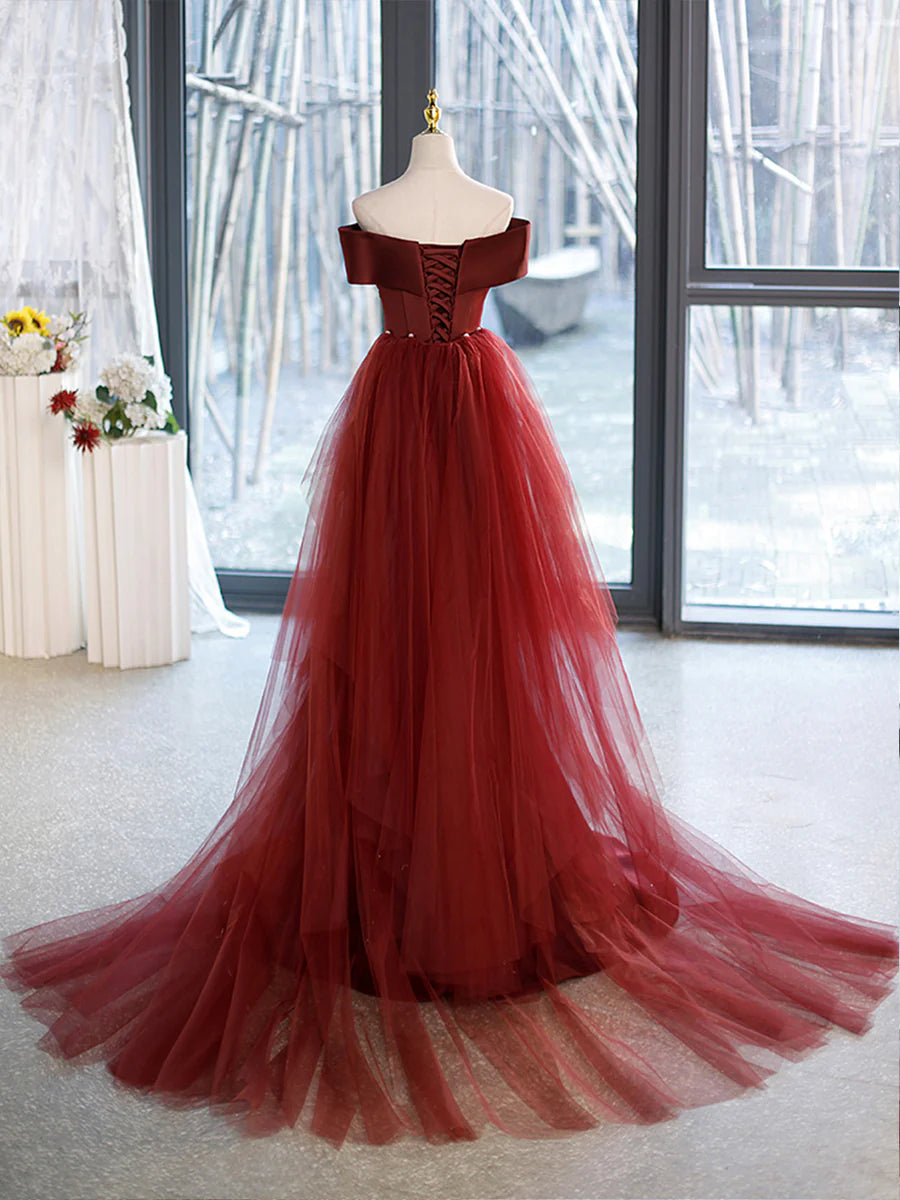 Mermaid V-Neck Satin Long Prom Dress, Burgundy Off Shoulder Evening Dress with Bow TP343