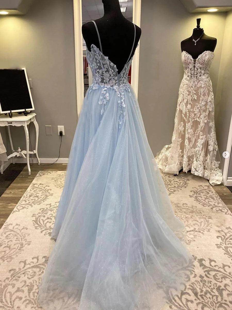 Blue Spaghetti Strap Tulle Long Prom Dress with Lace, A-Line Evening Party Dress  TP344