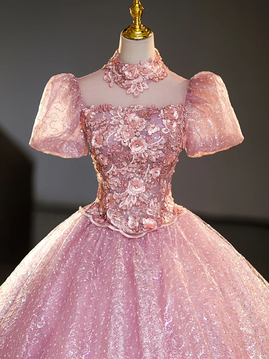 Pink Tulle and Lace Long Prom Dress with Sequins, Beautiful A-Line Sweet 16 Dress TP346