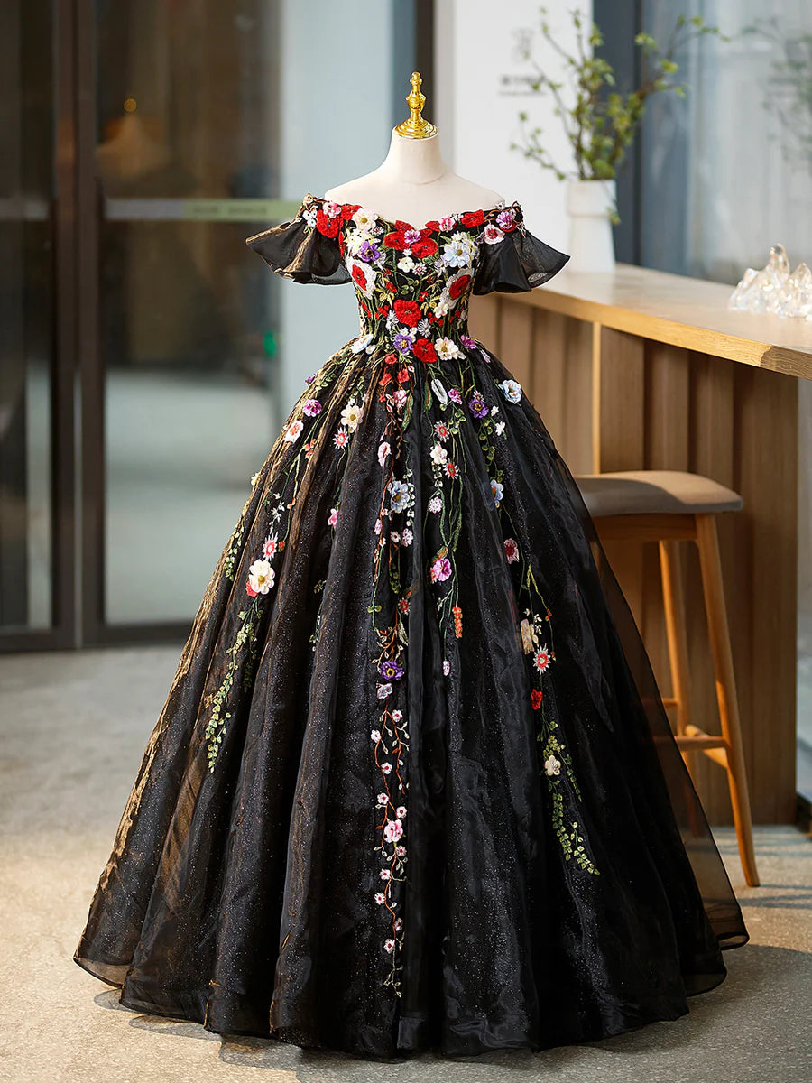 Black Tulle Long Prom Dress with Lace Flowers, Beautiful Off Shoulder Evening Gown TP349
