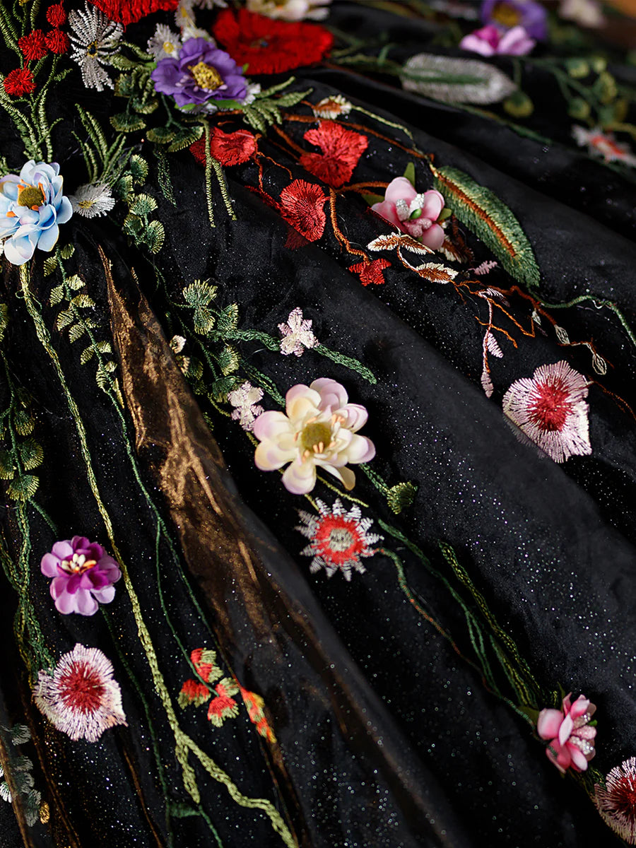 Black Tulle Long Prom Dress with Lace Flowers, Beautiful Off Shoulder Evening Gown TP349