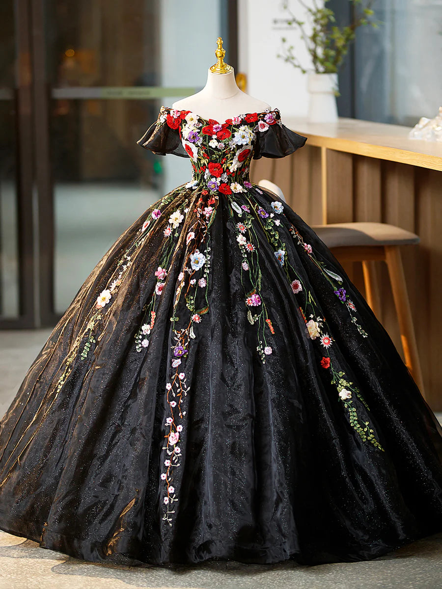 Black Tulle Long Prom Dress with Lace Flowers, Beautiful Off Shoulder Evening Gown TP349