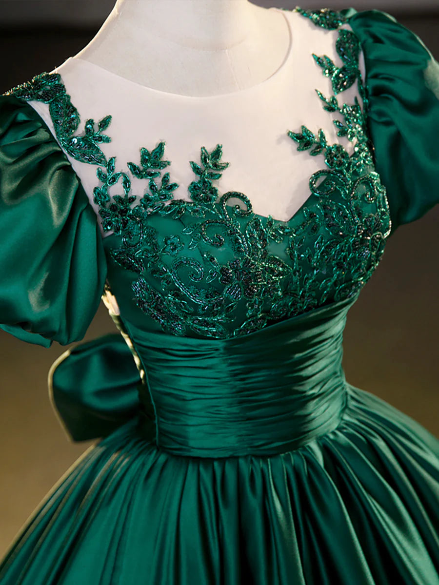 Green Satin Lace Floor Length Formal Dress, Short Sleeve A-Line Evening Dress TP351