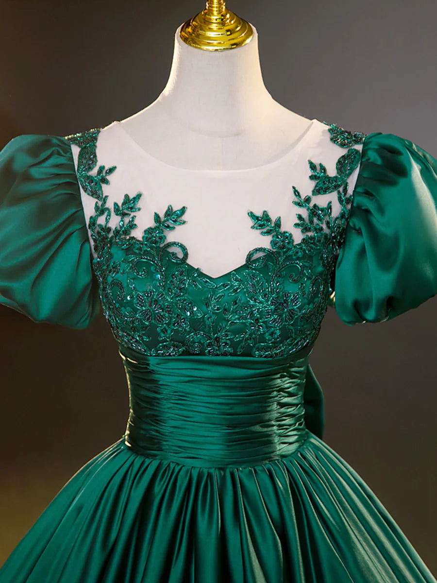 Green Satin Lace Floor Length Formal Dress, Short Sleeve A-Line Evening Dress TP351