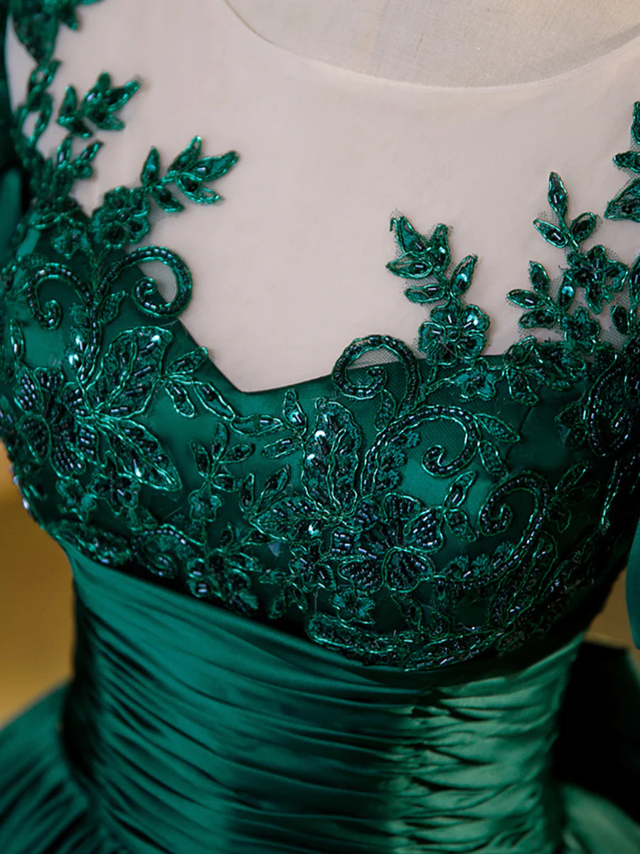 Green Satin Lace Floor Length Formal Dress, Short Sleeve A-Line Evening Dress TP351