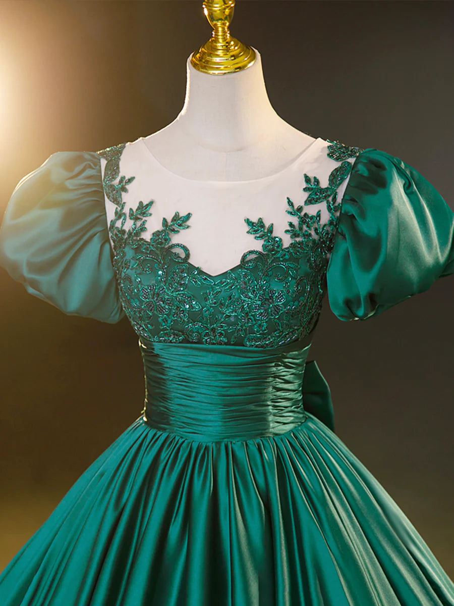 Green Satin Lace Floor Length Formal Dress, Short Sleeve A-Line Evening Dress TP351
