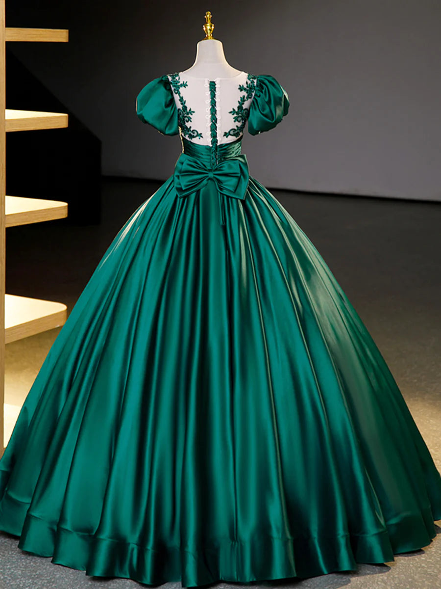 Green Satin Lace Floor Length Formal Dress, Short Sleeve A-Line Evening Dress TP351