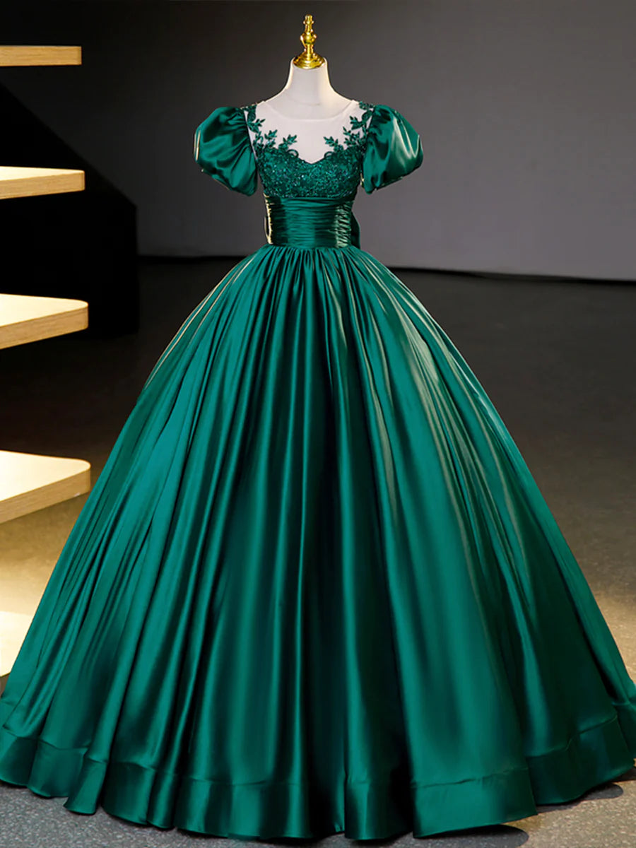 Green Satin Lace Floor Length Formal Dress, Short Sleeve A-Line Evening Dress TP351