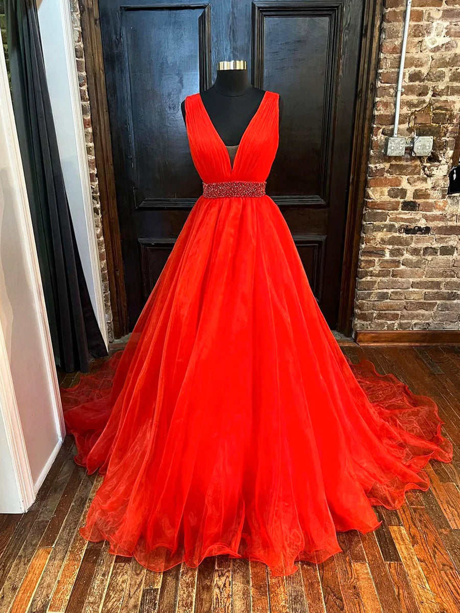 Red V-Neck Tulle Long Prom Dress, Red A-Line Evening Dress with Beaded TP352