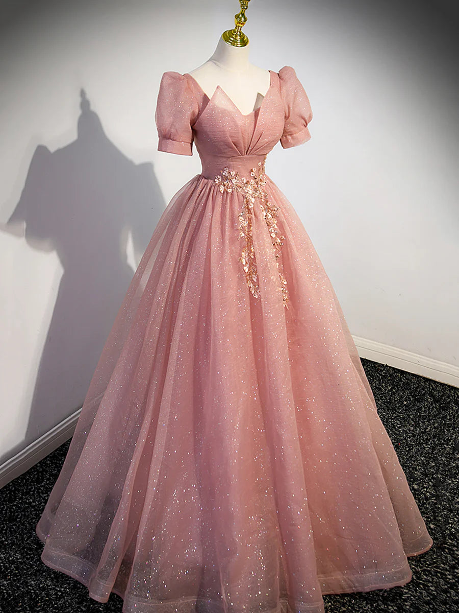 Pink Tulle Floor Length Prom Dress with Short Sleeve, Beautiful A-Line Evening Dress TP355