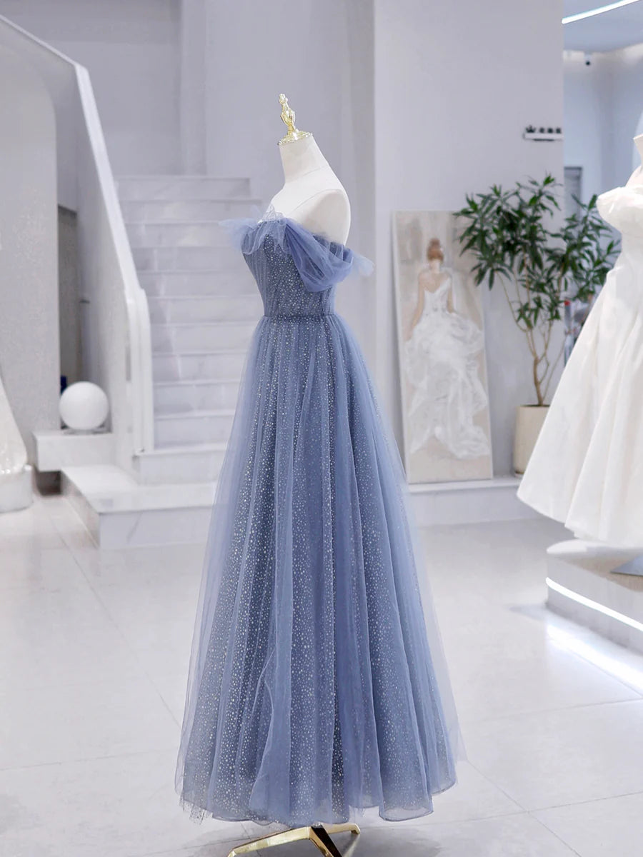Blue Strapless Tulle Long Prom Dress, Blue A-Line Evening Dress  TP358