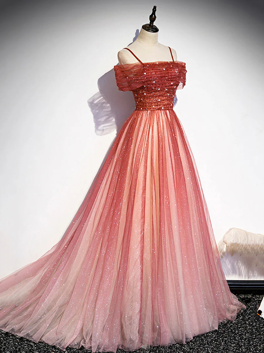 Burgundy Tulle Long Prom Dress, A-Line Off Shoulder Evening Dress TP359