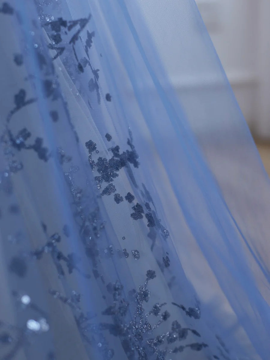 Blue Strapless Tulle Long Prom Dress with Beaded, A-Line Evening Formal Dress  TP364