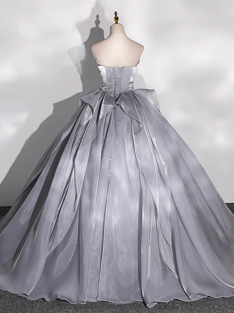 Gray Strapless Tulle Long Ball Gown, A-Line Evening Dress Formal Dress TP365