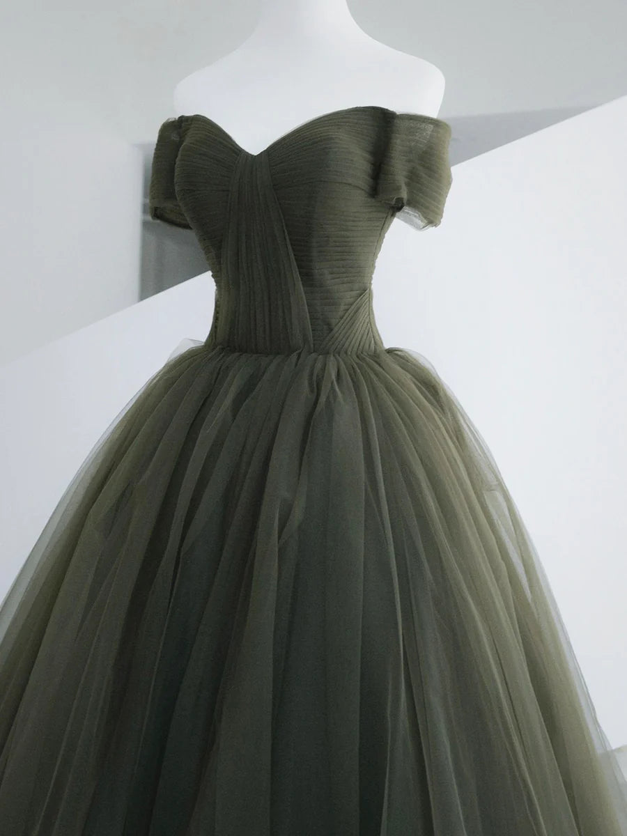 Green Tulle Long Prom Dress, A-Line Off Shoulder Evening Dress TP367